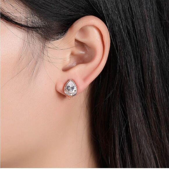 Silver with White Diamond Cubic Zirconia Teardrop Stud Clip On Earrings - Picture 5 of 5